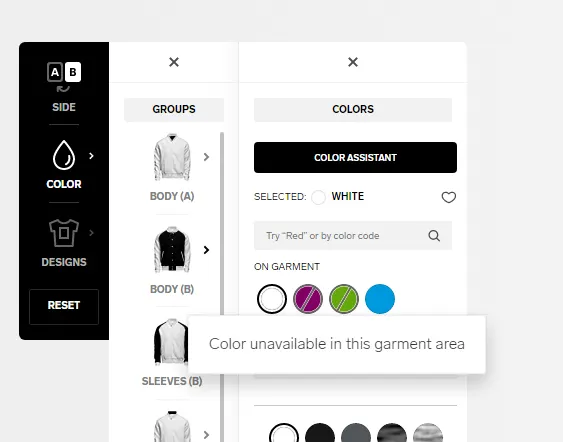 Design Lab showing unavailable colors for a fabric.