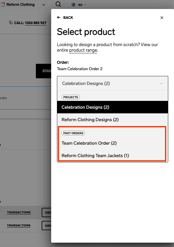 Start an order > Select product panel. Showing the location of Past orders where products can be selected to reorder.