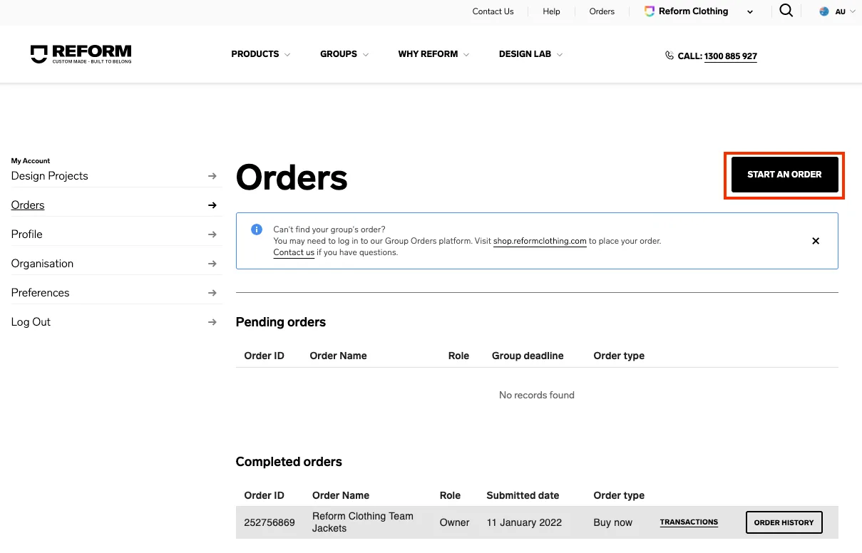 Orders menu showing "Start an order" button location.