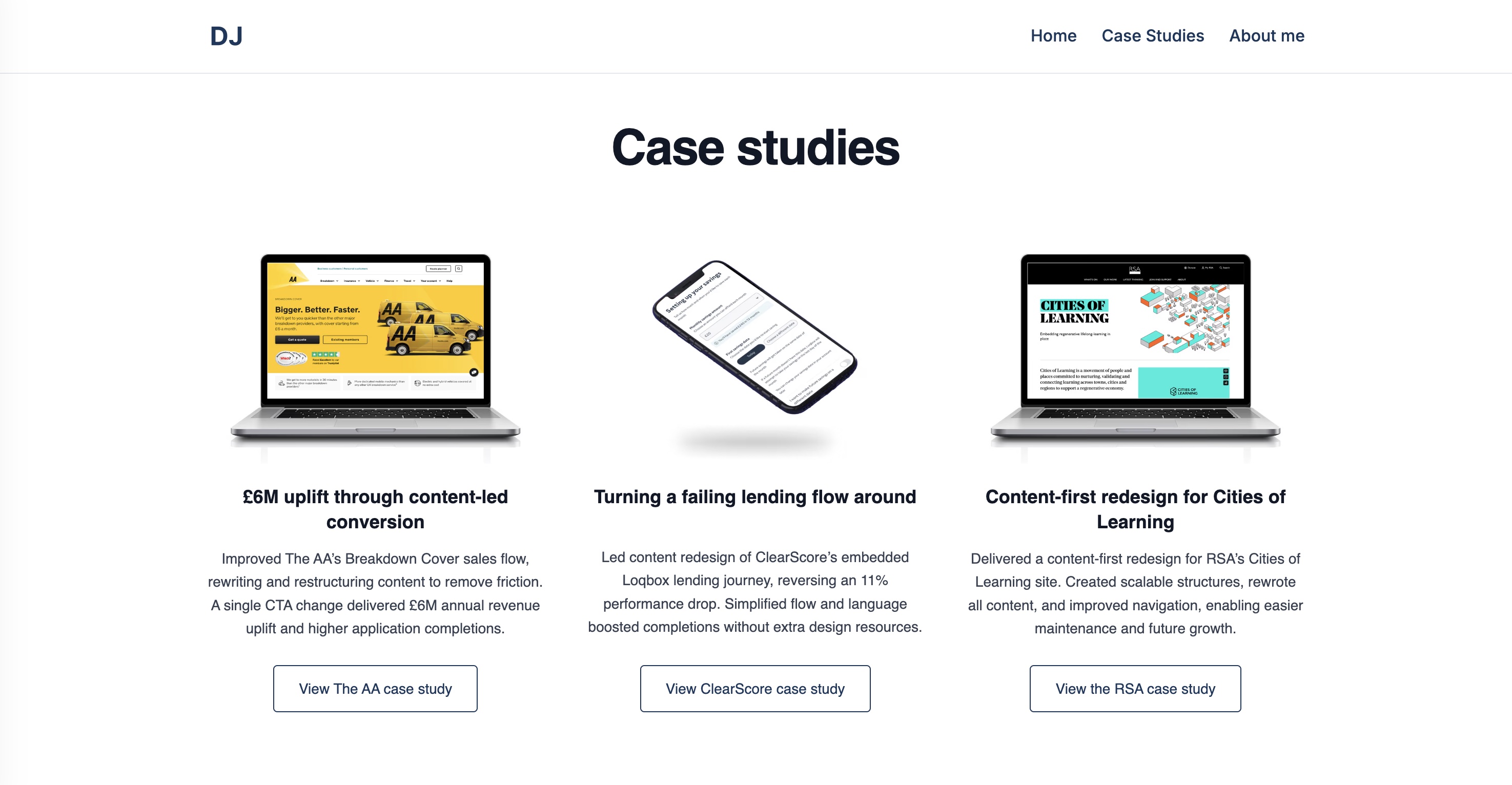 Portfolio case studies page showing three featured case study cards with project images, summaries and call-to-action buttons.