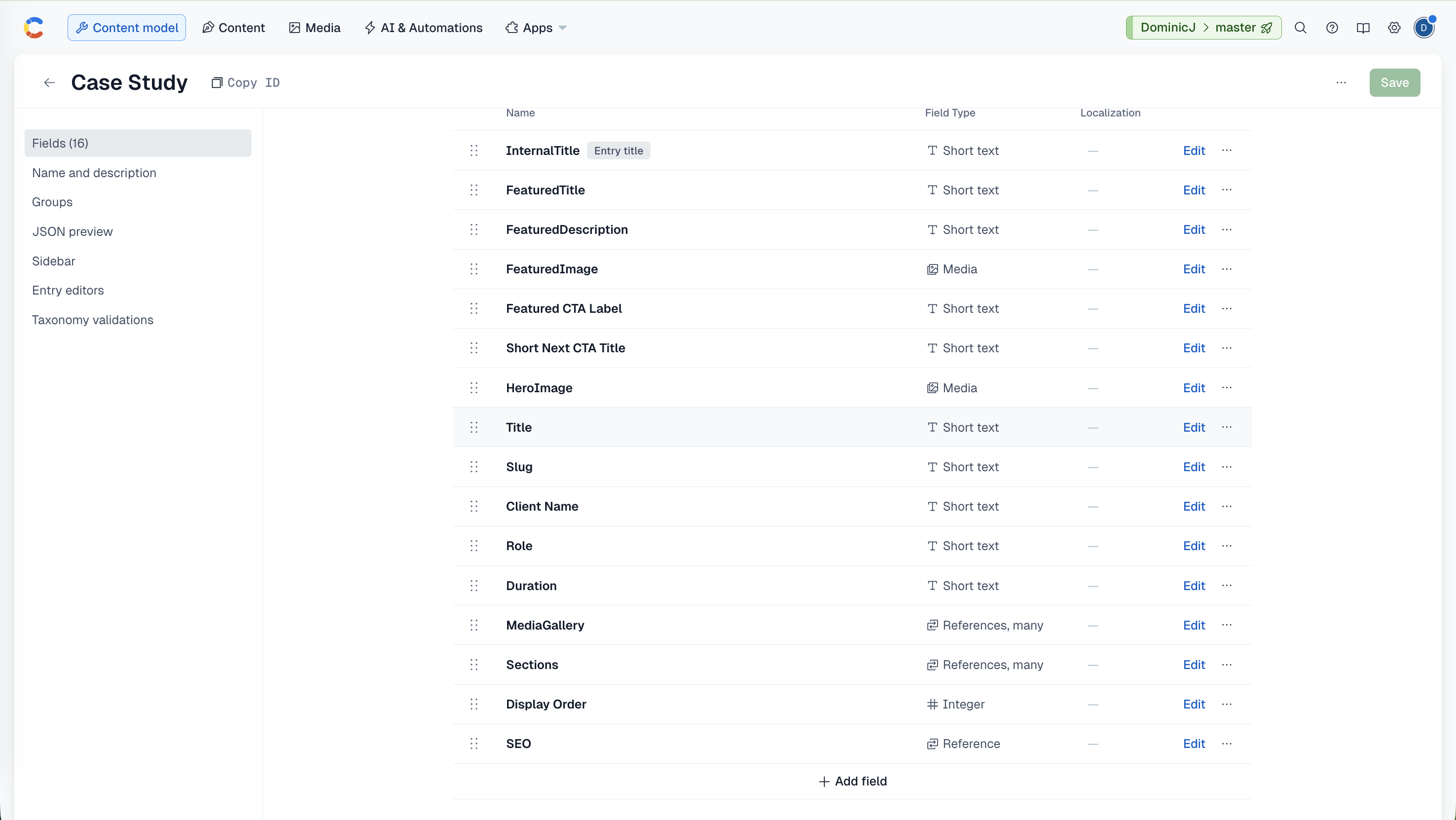 Contentful Case Study content model showing structured fields for featured content, images, page title, slug, client name, role, duration, media, sections and SEO.