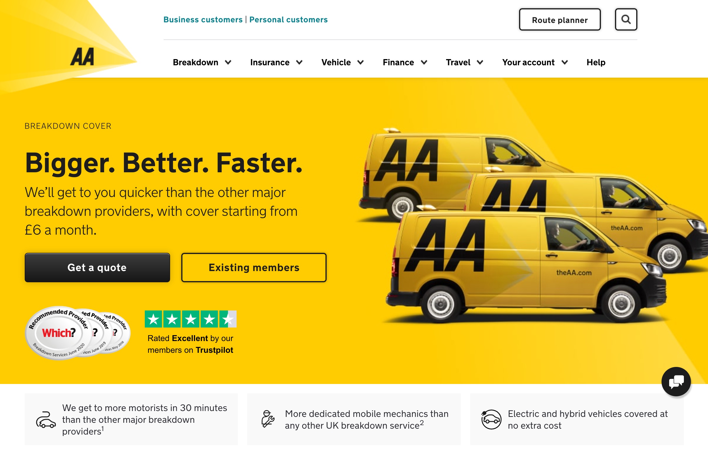 The AA's Breakdown Cover landing page with Get A Quote primary CTA