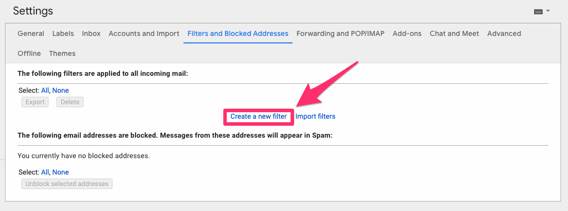 Gmail create a new filter button