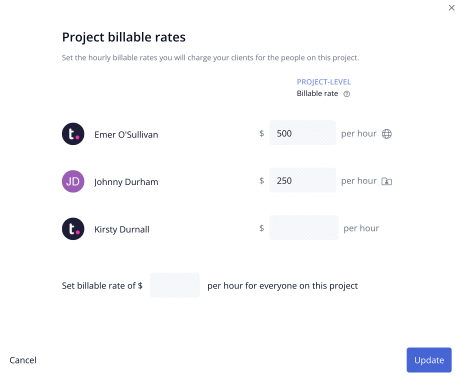 A GIF of billable user rates being set