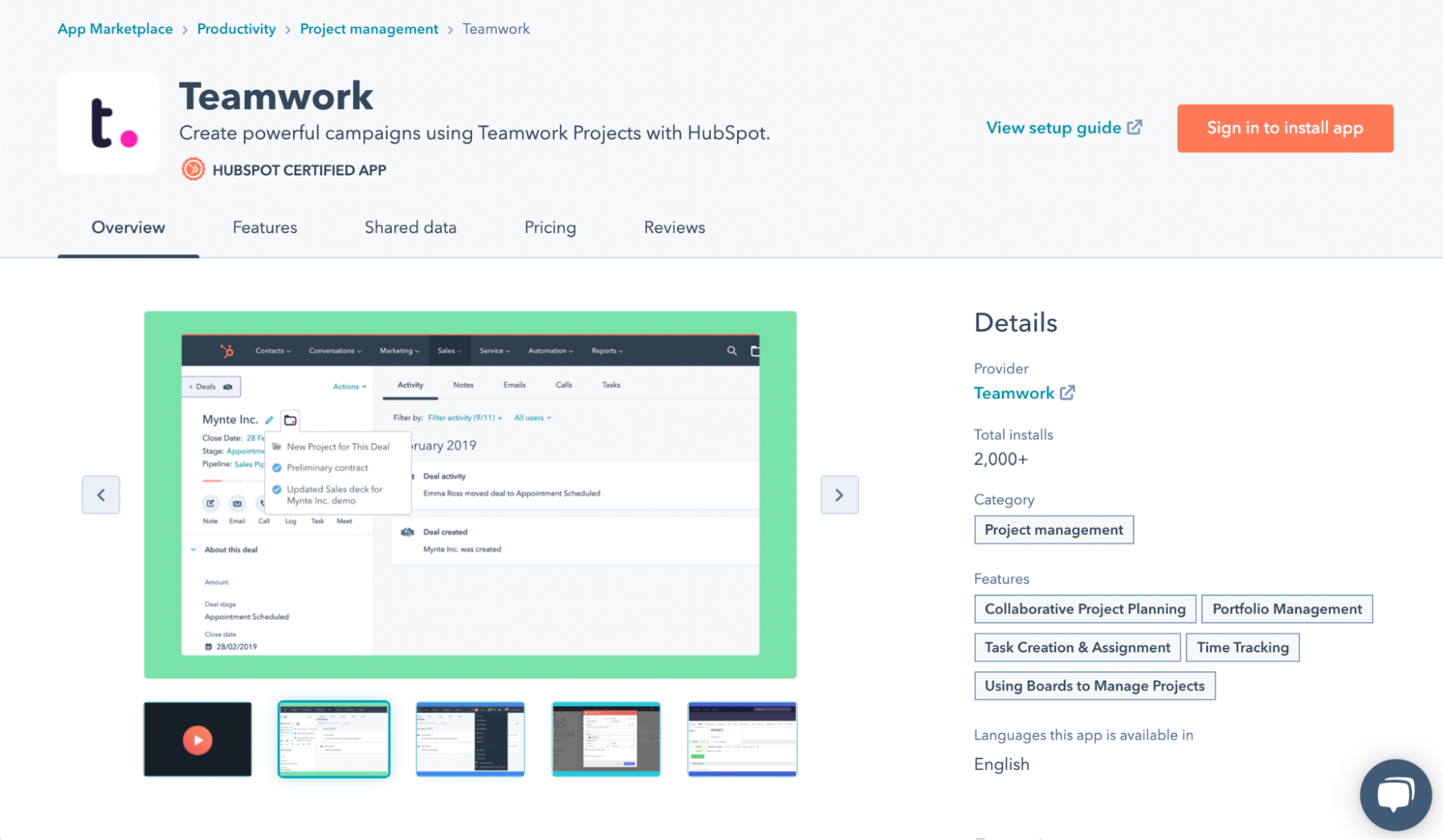 Teamwork project management Hubspot Integration