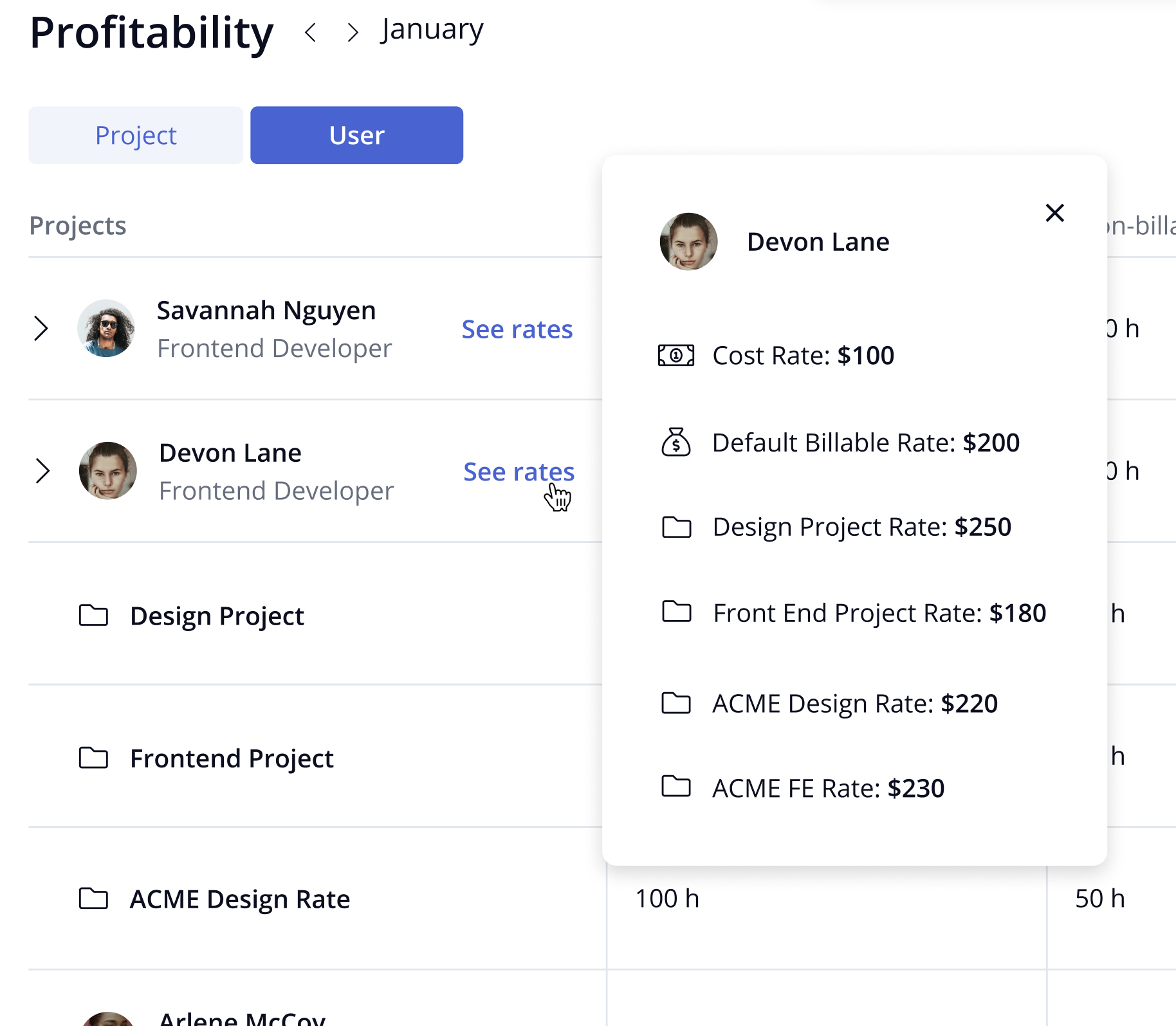 Image of the User tab in Profitability Reports