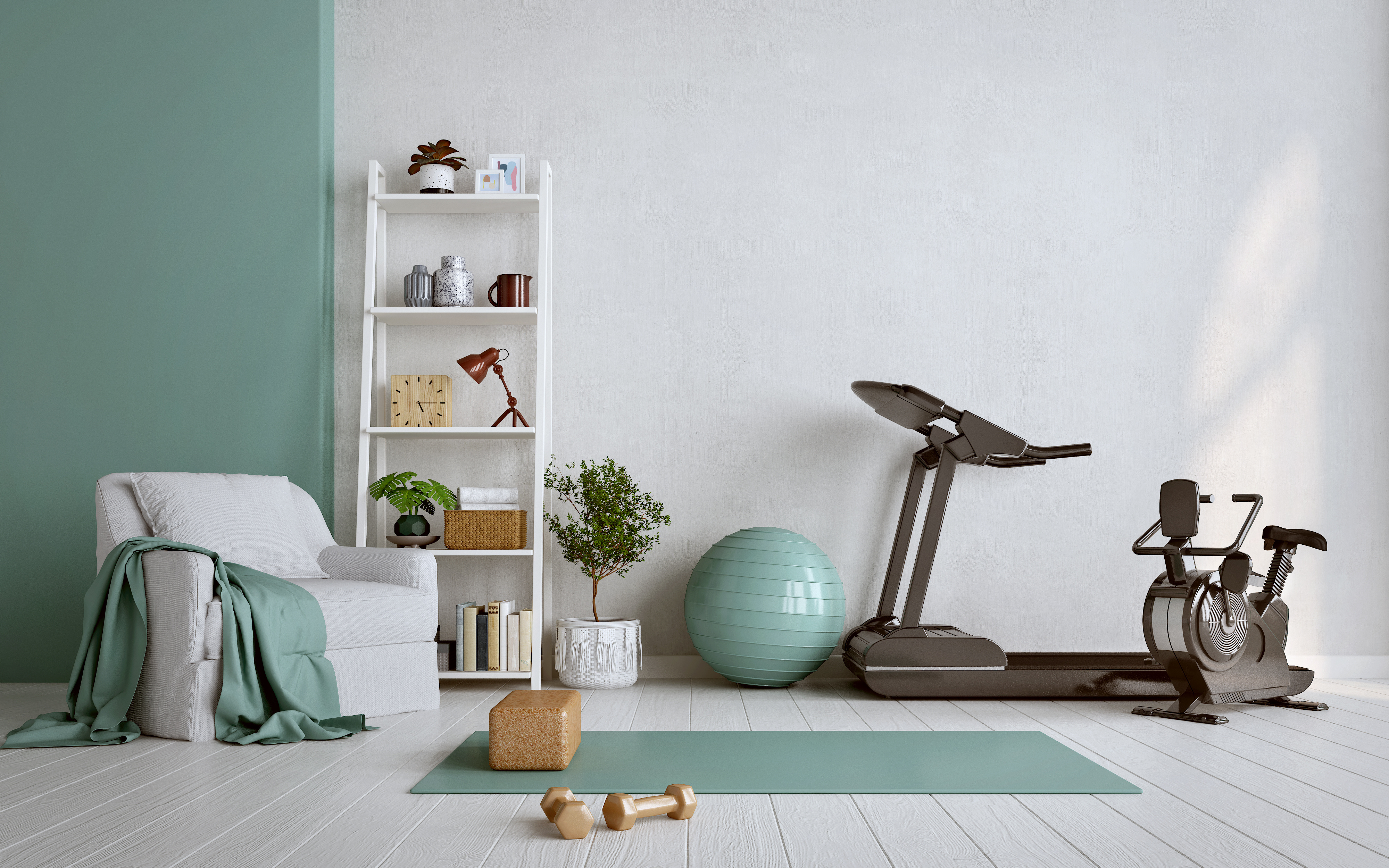 A home gym with several types of equipment with treadmill, bike, and ball