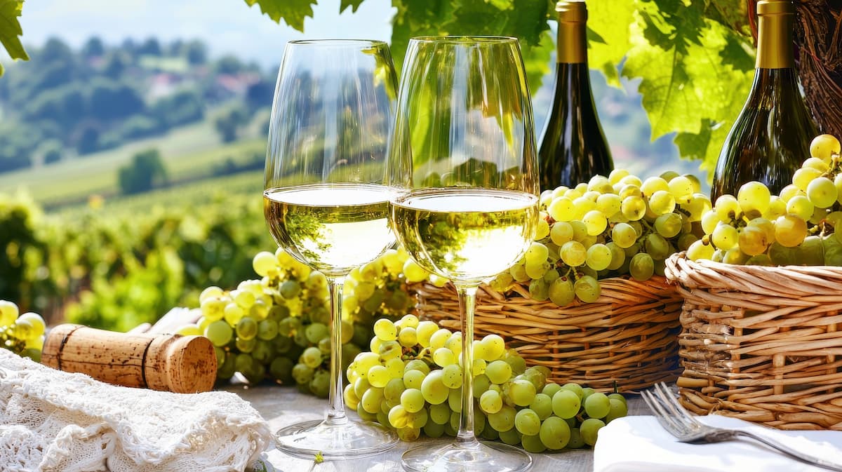 White grapes in baskets, next to wine glasses and bottles with vineyard in the background