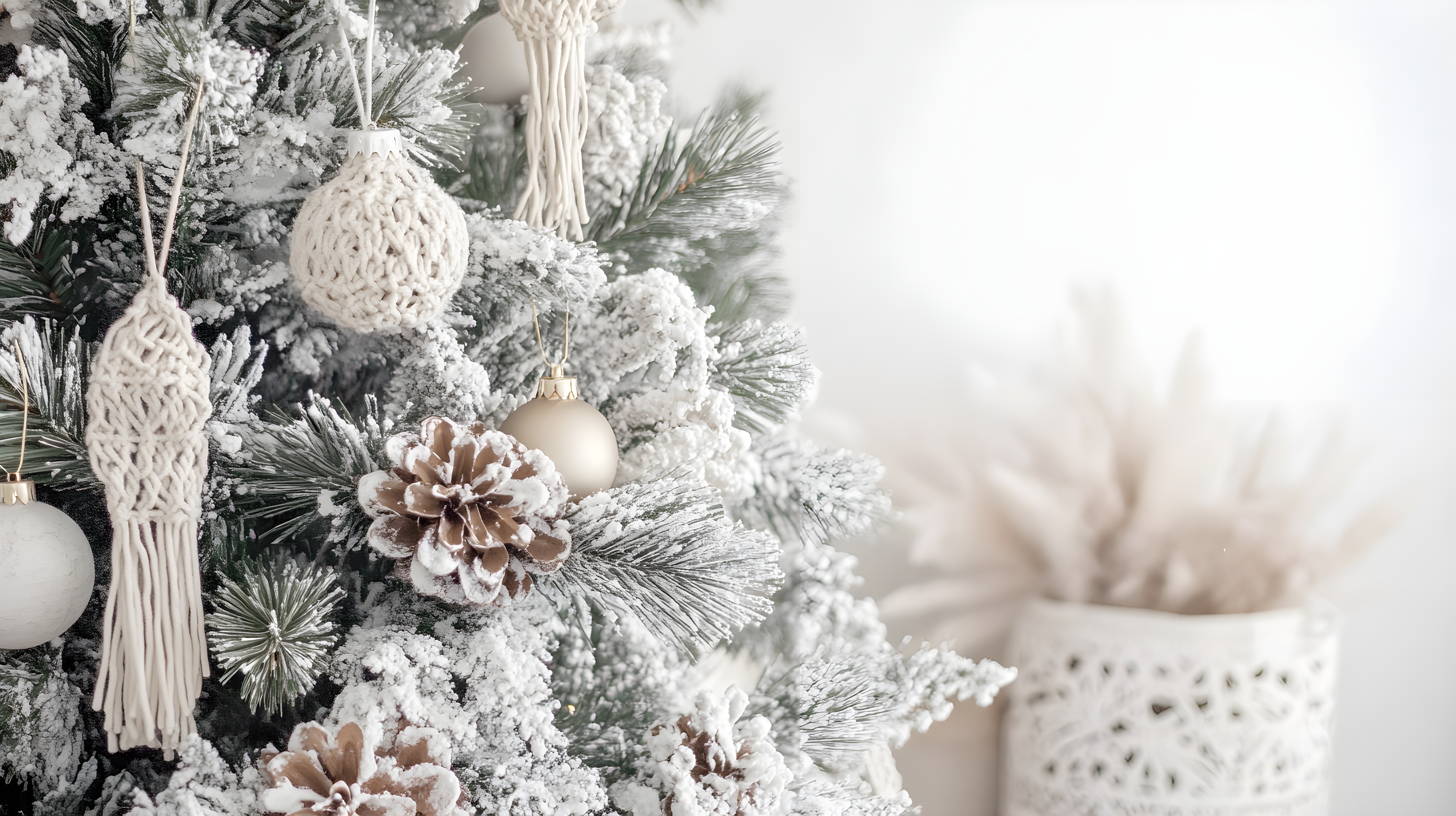 Boho style Christmas tree with macrame ornaments and pine cones