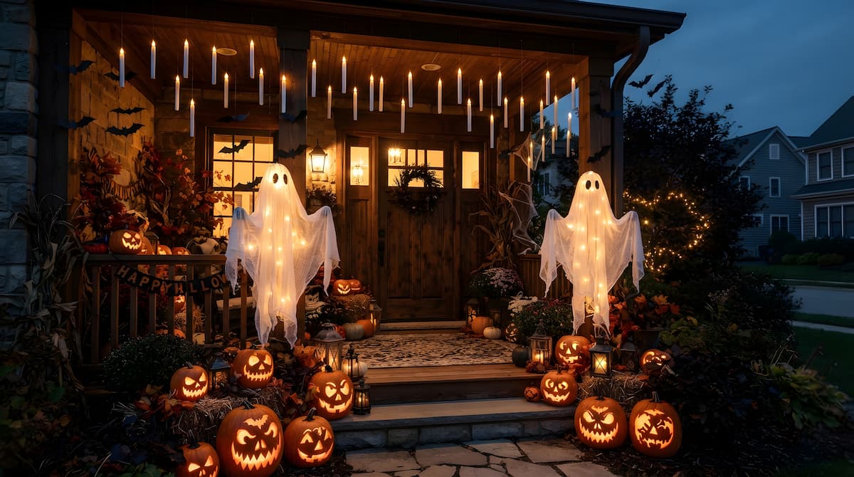Halloween spooky front porch with ghosts and pumpkins
