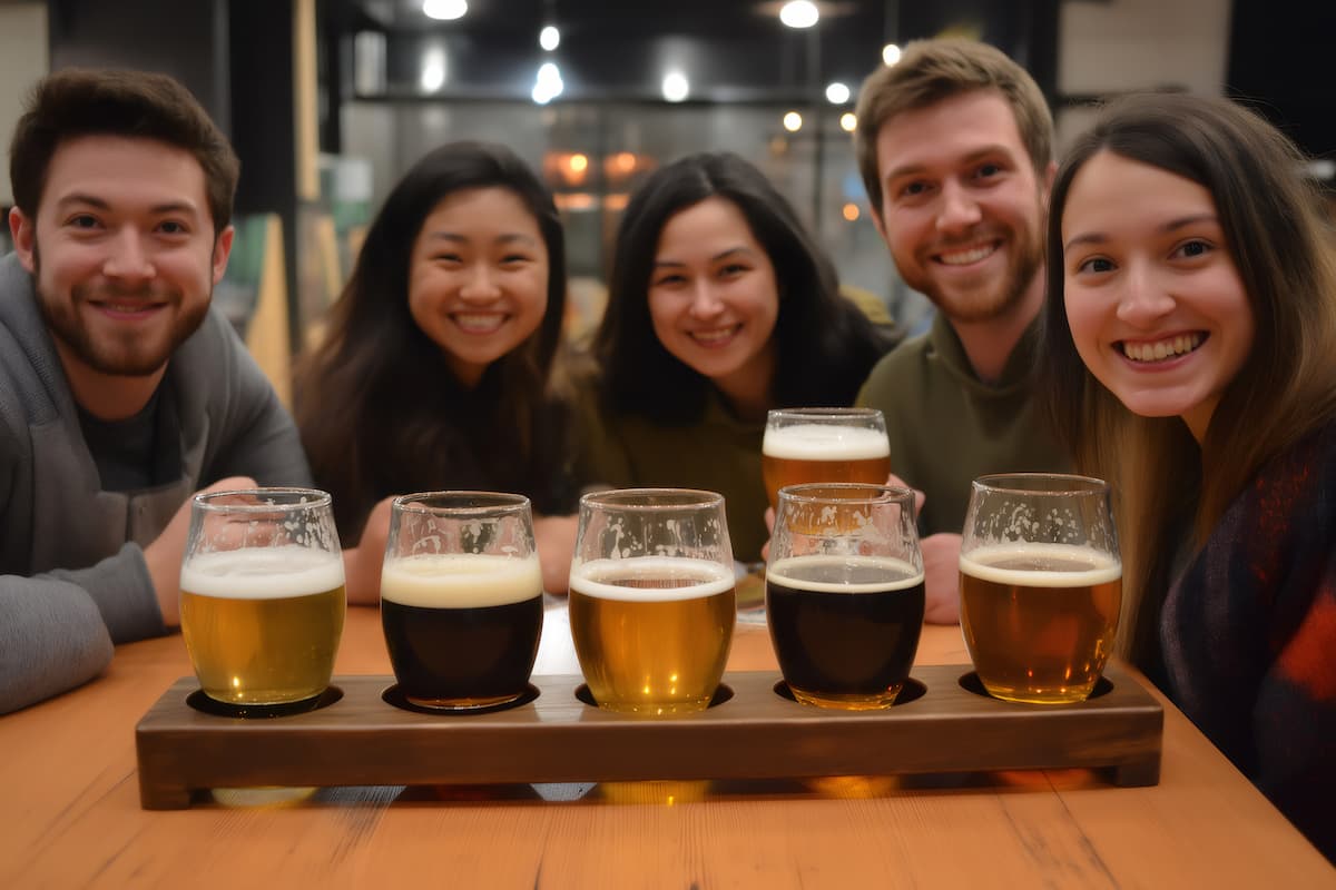 friends sampling beer flights at brewery