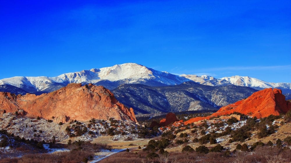 View of snow-capped Pikes Peak
