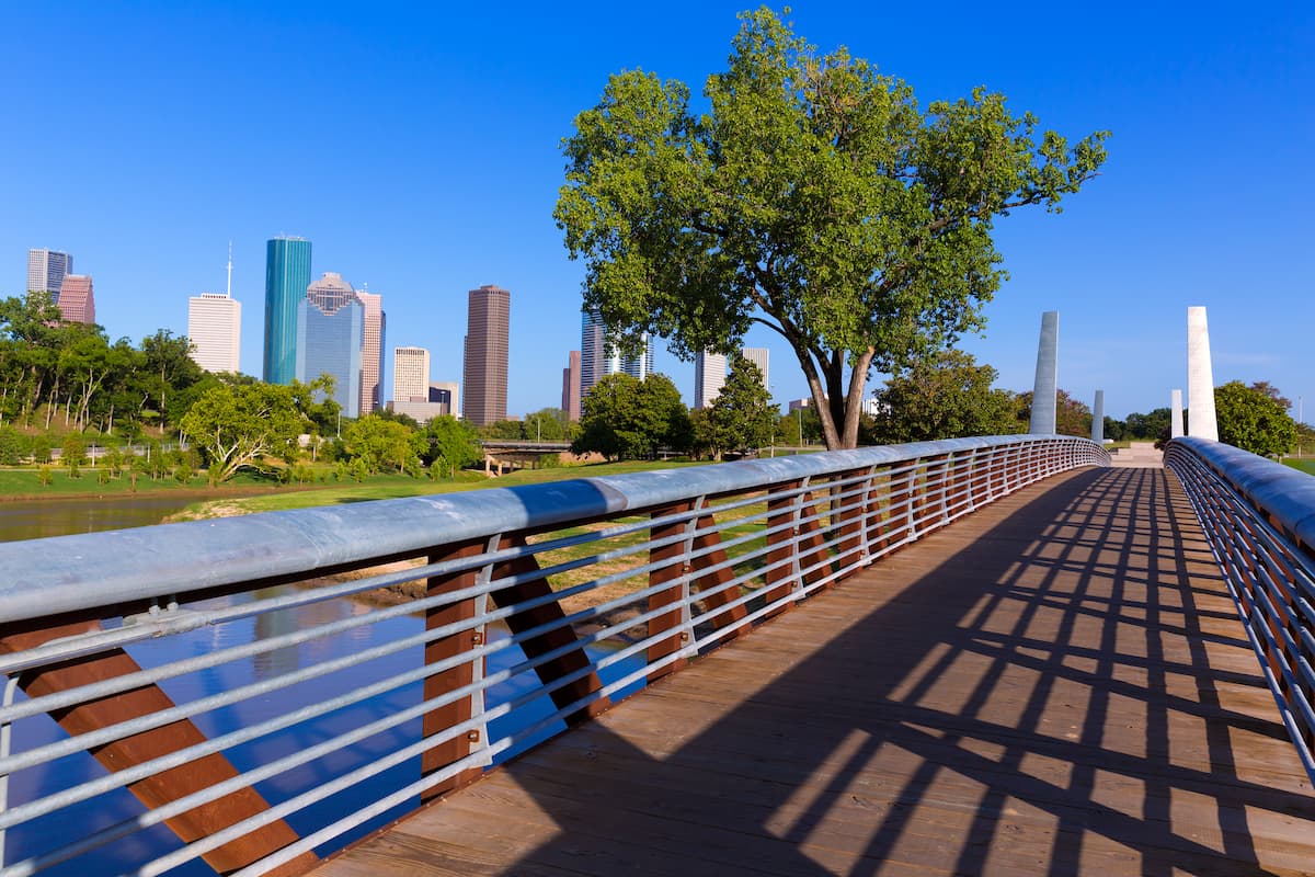 Houston skyline as seen from park trail bridge