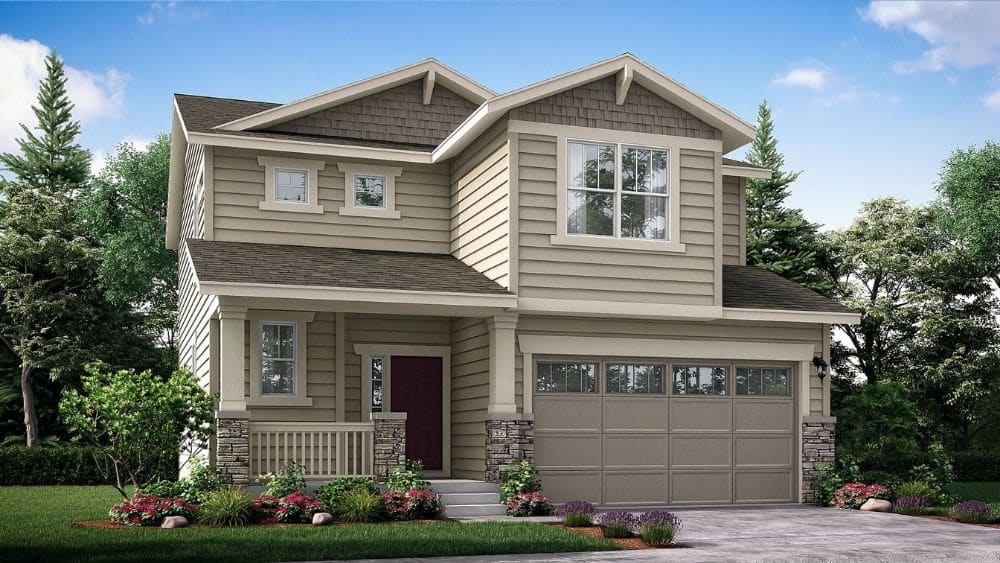 Rendering of a brown, two-story craftsman home.