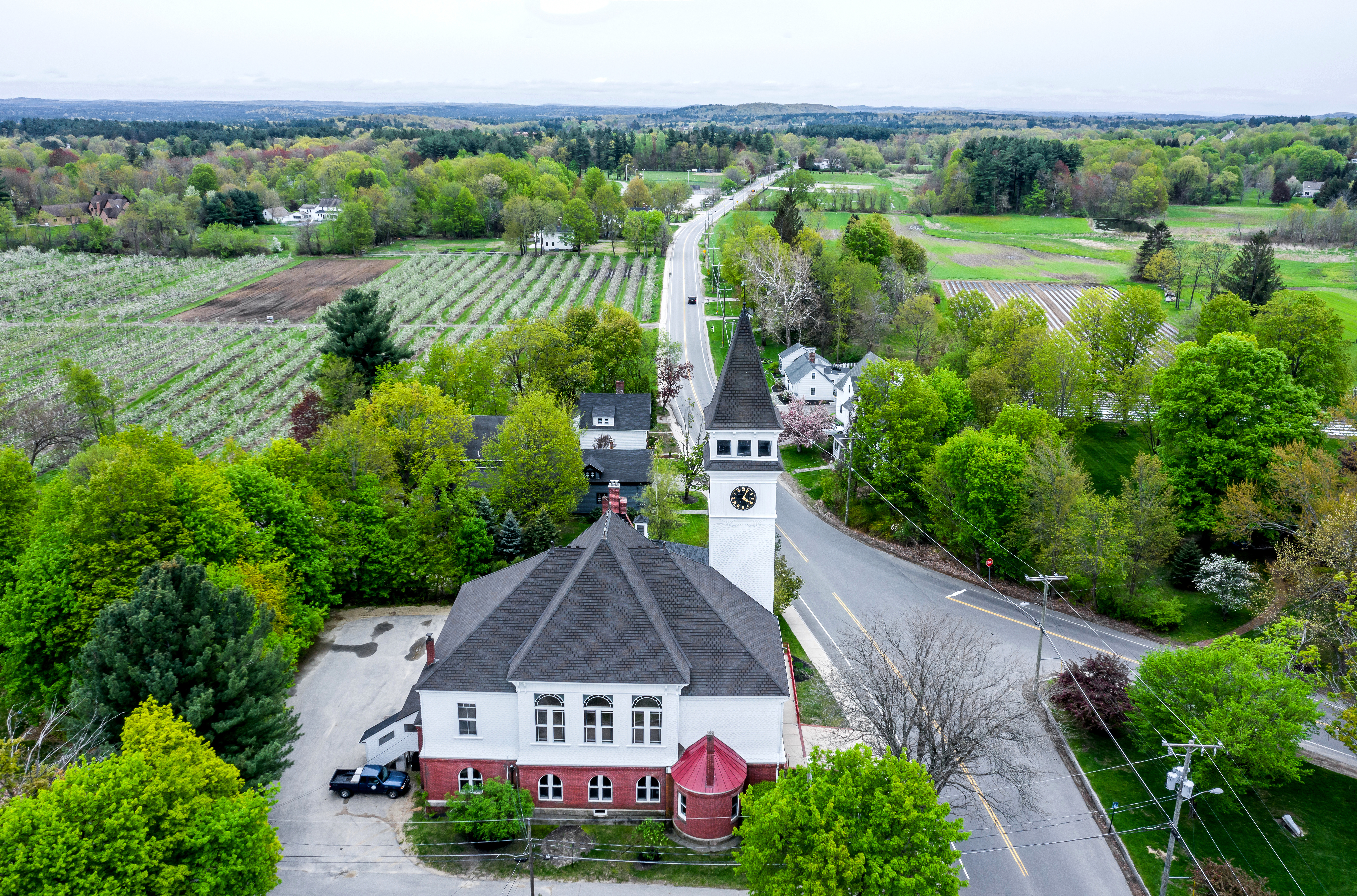 aerial view of Hollis, NH in the spring