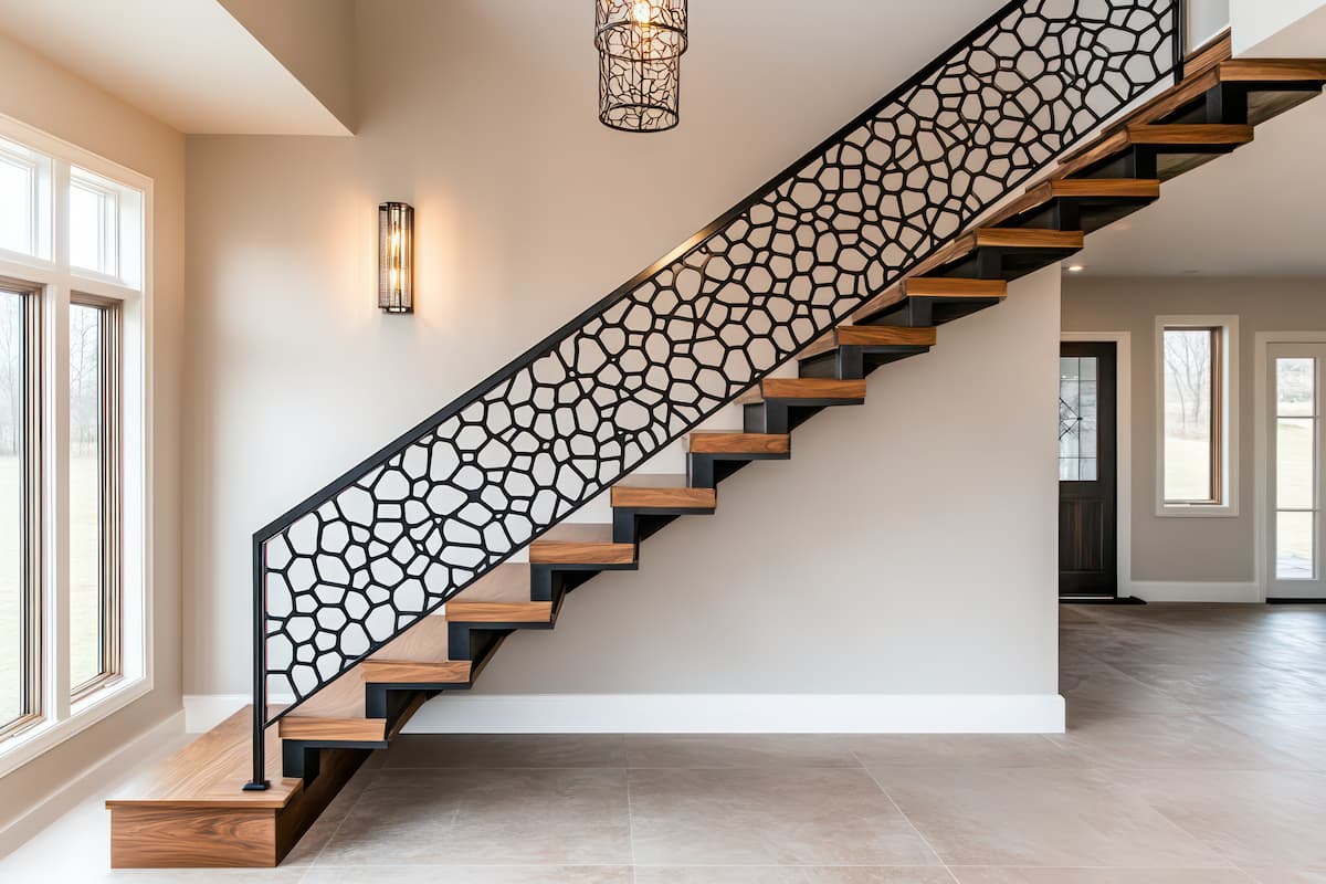 custom staircase with black screen and wooden treads