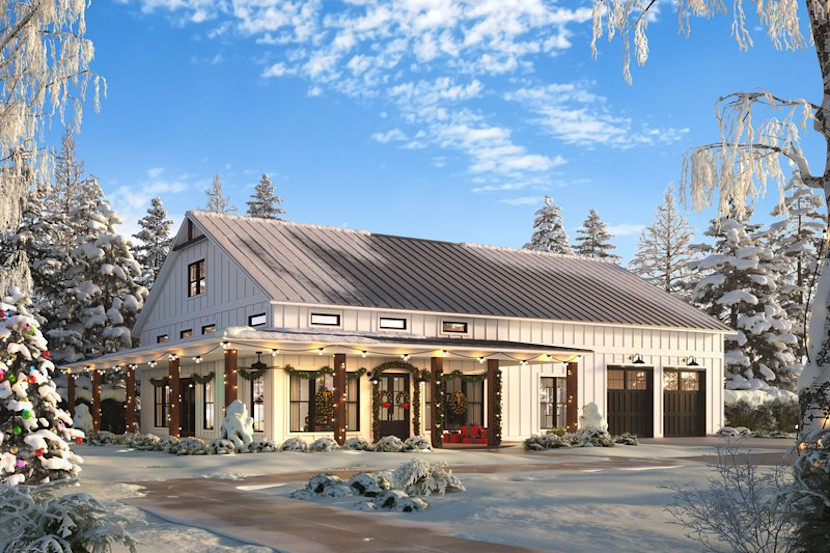 White barndimonium with porch in the winter