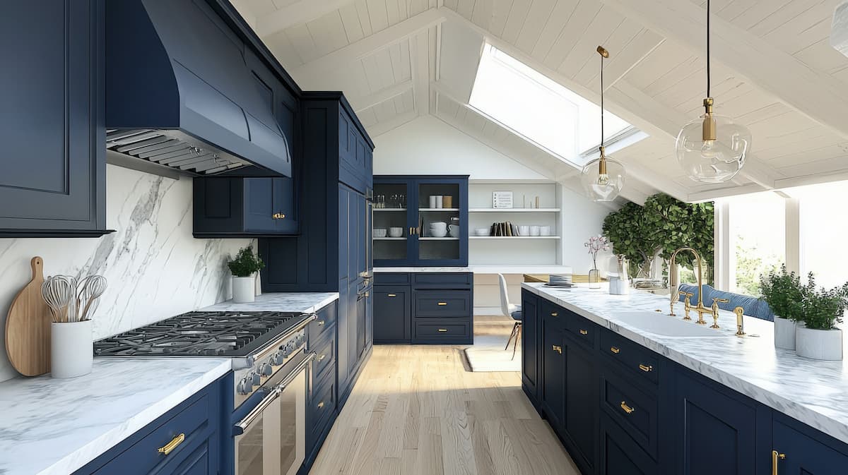 Blue kitchen with marble backsplash