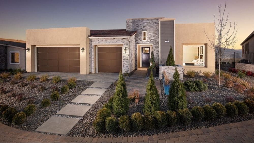 Rendering of a contemporary, blocky home with a xeriscaped lawn.