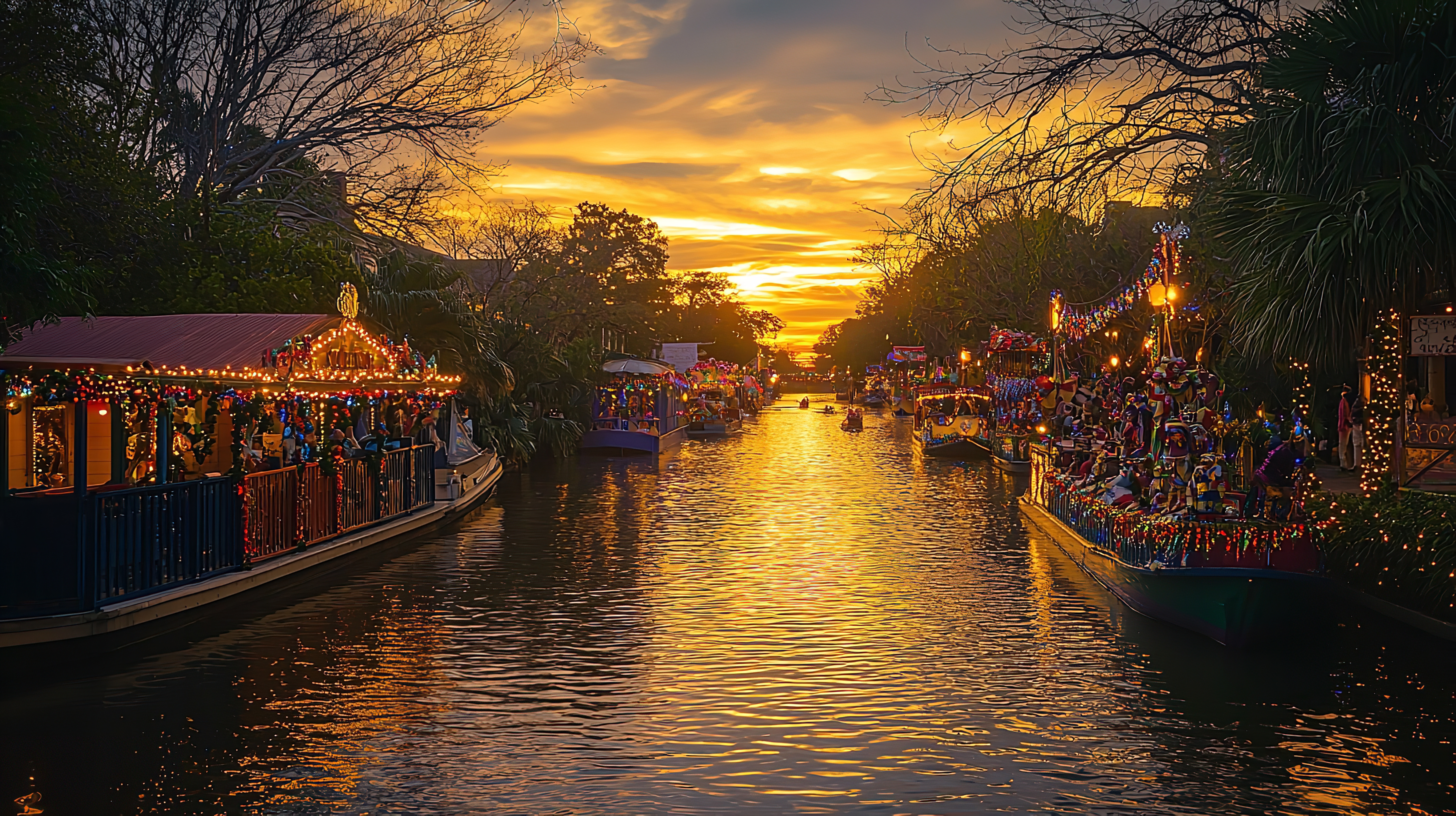 Boats and businesses with colorful lights along the River Walk at sunset