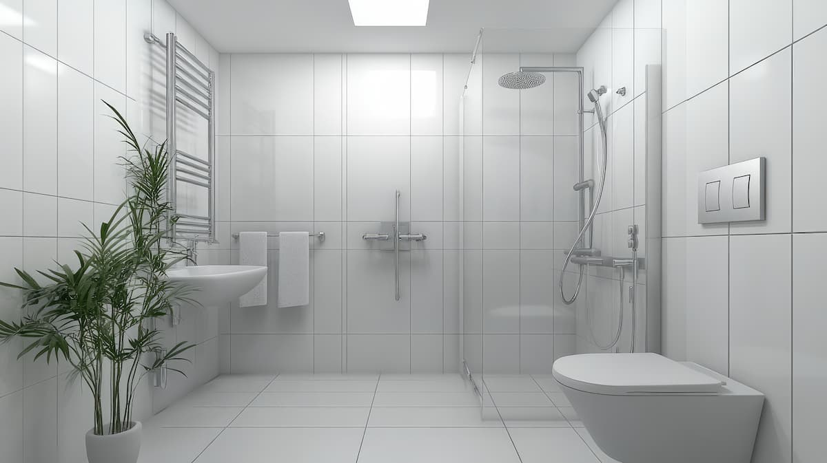 accessible bathroom with rainfall shower, safety bars, and low entry shower