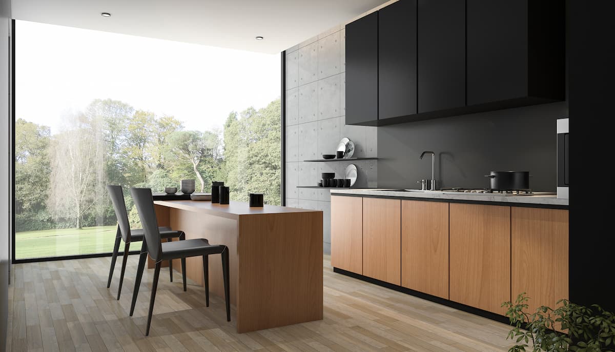 Contemporary styled kitchen with large window and flat panel cabinetry