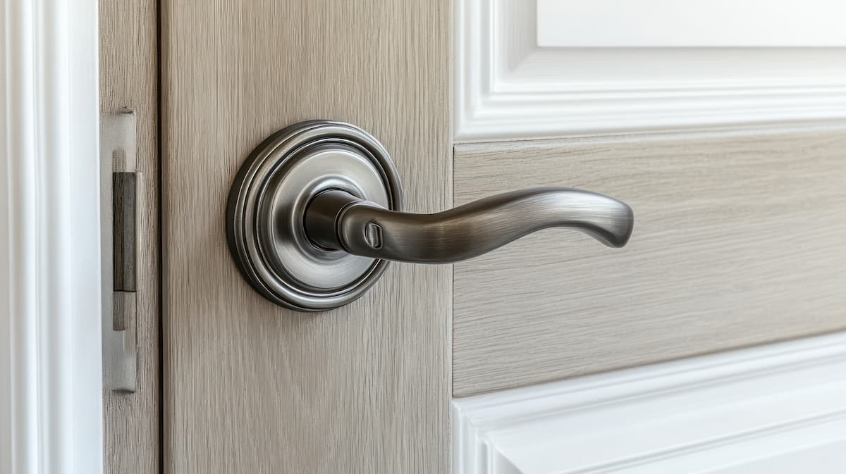silver lever door handle on wood door 