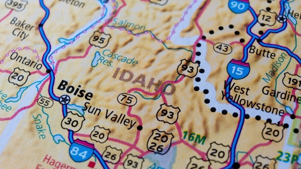 Close up map of Idaho showing interstate highways, roads, and geographical features.