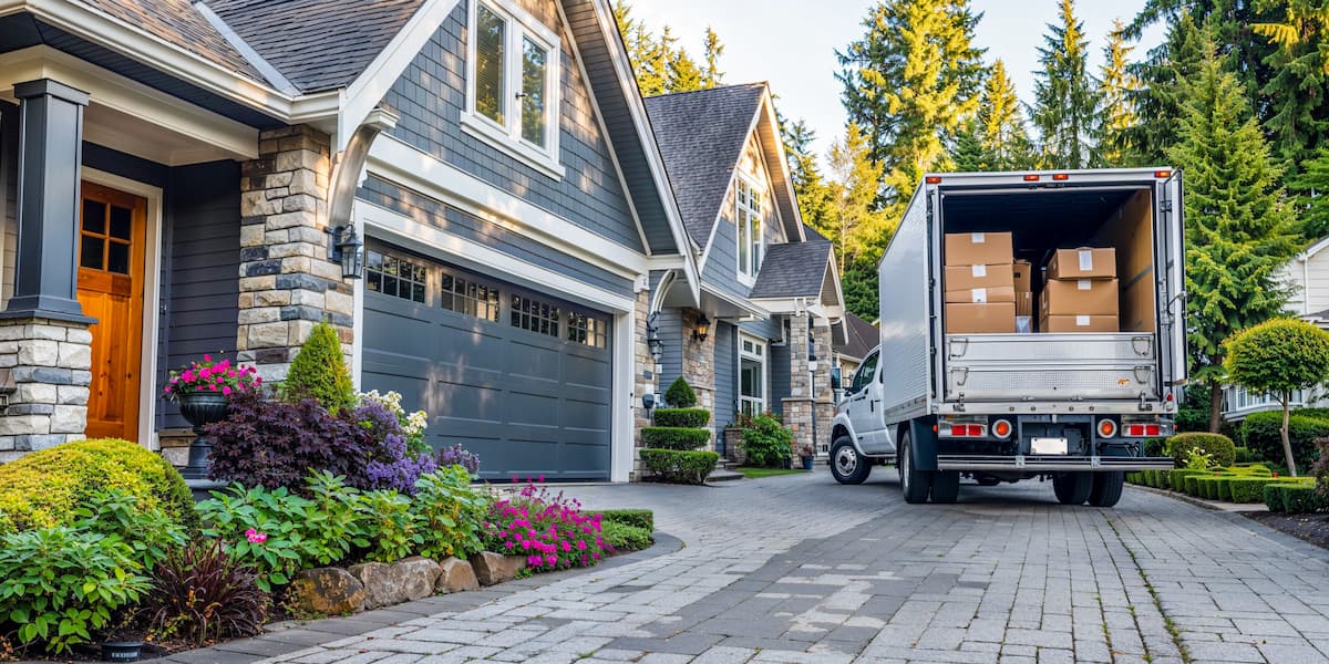 Moving truck in front of a new home