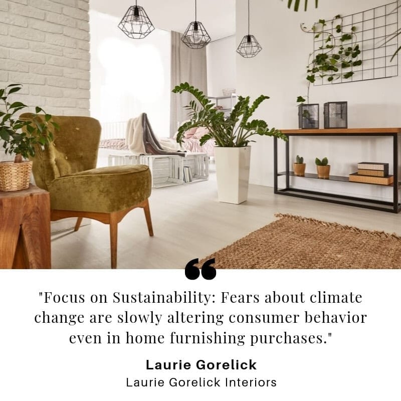 A living room with lots of plants sits above the quote: “Focus on Sustainability: Fears about climate change are slowly altering consumer behavior even in home furnishing purchases.”
