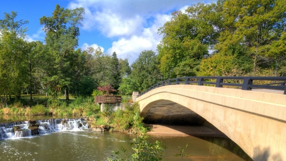 Bridge over a river in a park.
