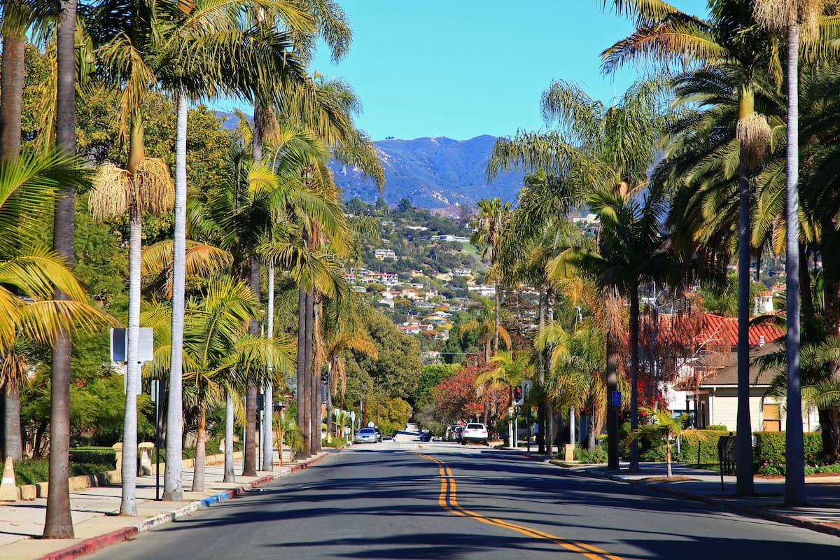 Palm tree-lined Santa Barbara street with mountains in the background