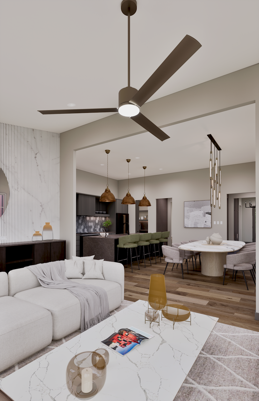 virtual concept home living room, with large ceiling fan, open to kitchen and dining rooms