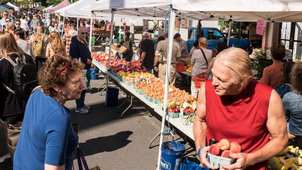 People shopping at a farmer’s market in Troy, New York.