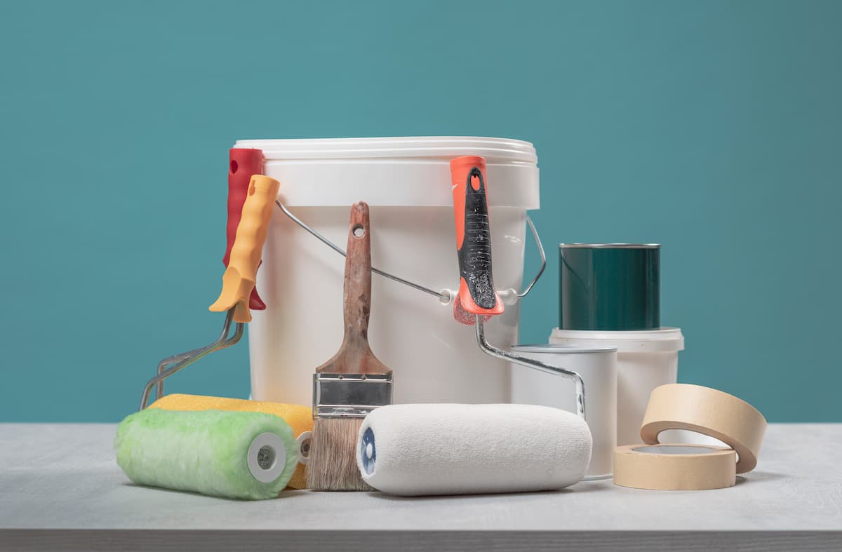 Do it yourself paint tools including bucket, rollers, paint brushes, and more