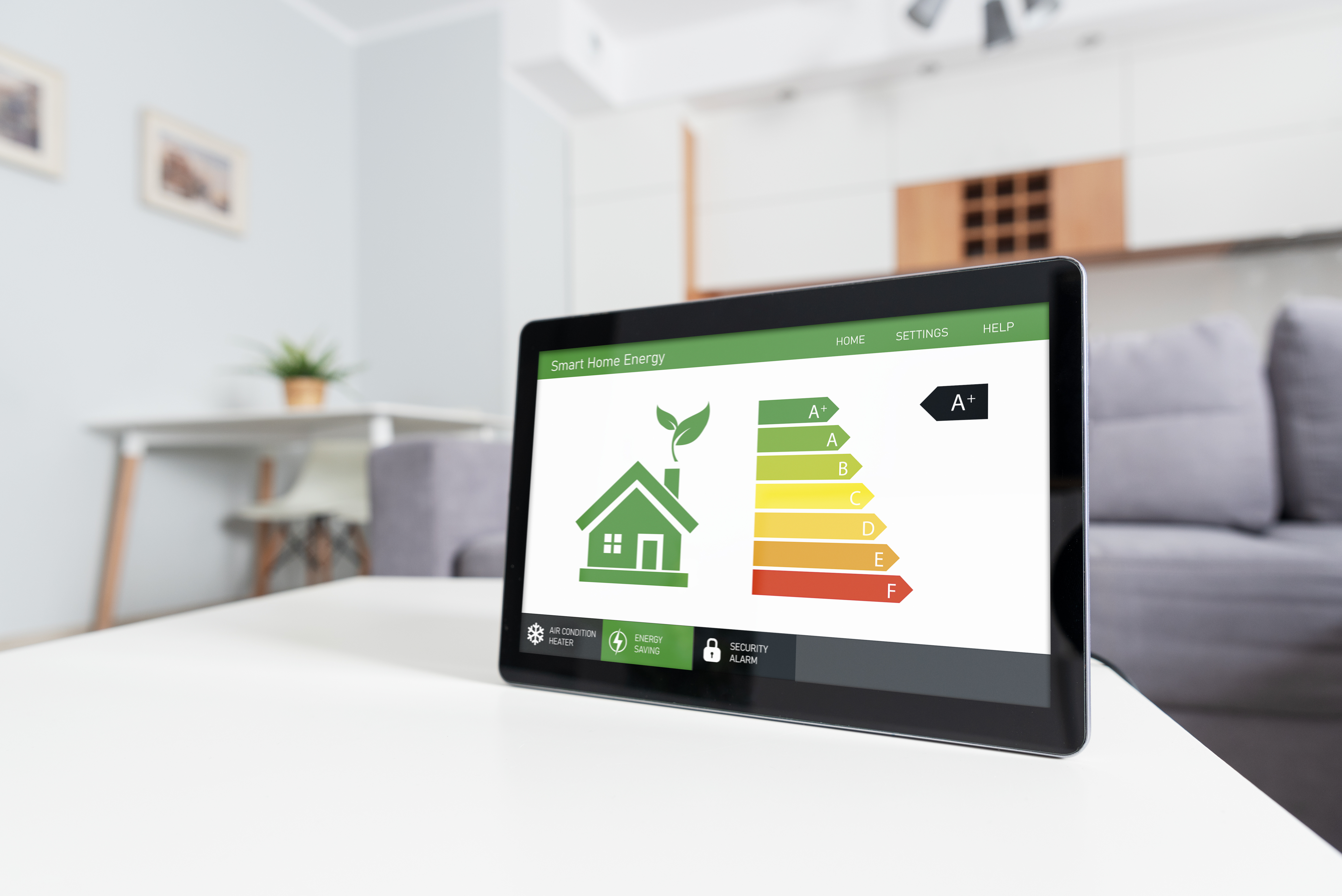 tablet in a new home showing energy efficiency score of A plus
