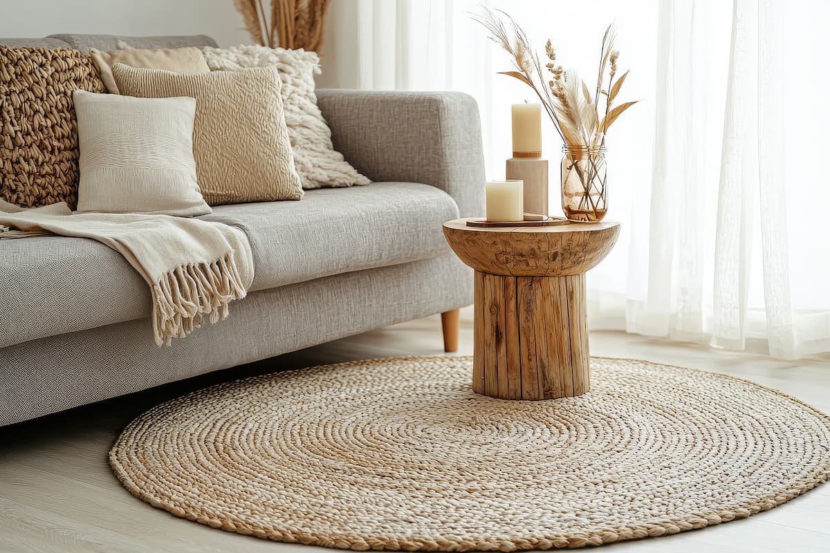 Living room with throw pillows on a sofa, braided blanket, fluted table and braided rug