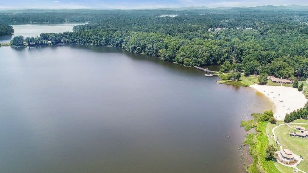 View from above of a lake with trees and a small beach on the coast.