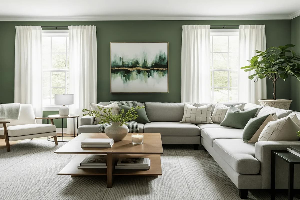 Living room painted in Dunn Edwards Midnight Garden, Dunn-Edwards choice for Paint Color of the Year for 2026. It's a mossy, earthy green.