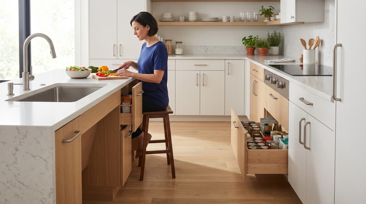 55+ kitchen island with seated prep space