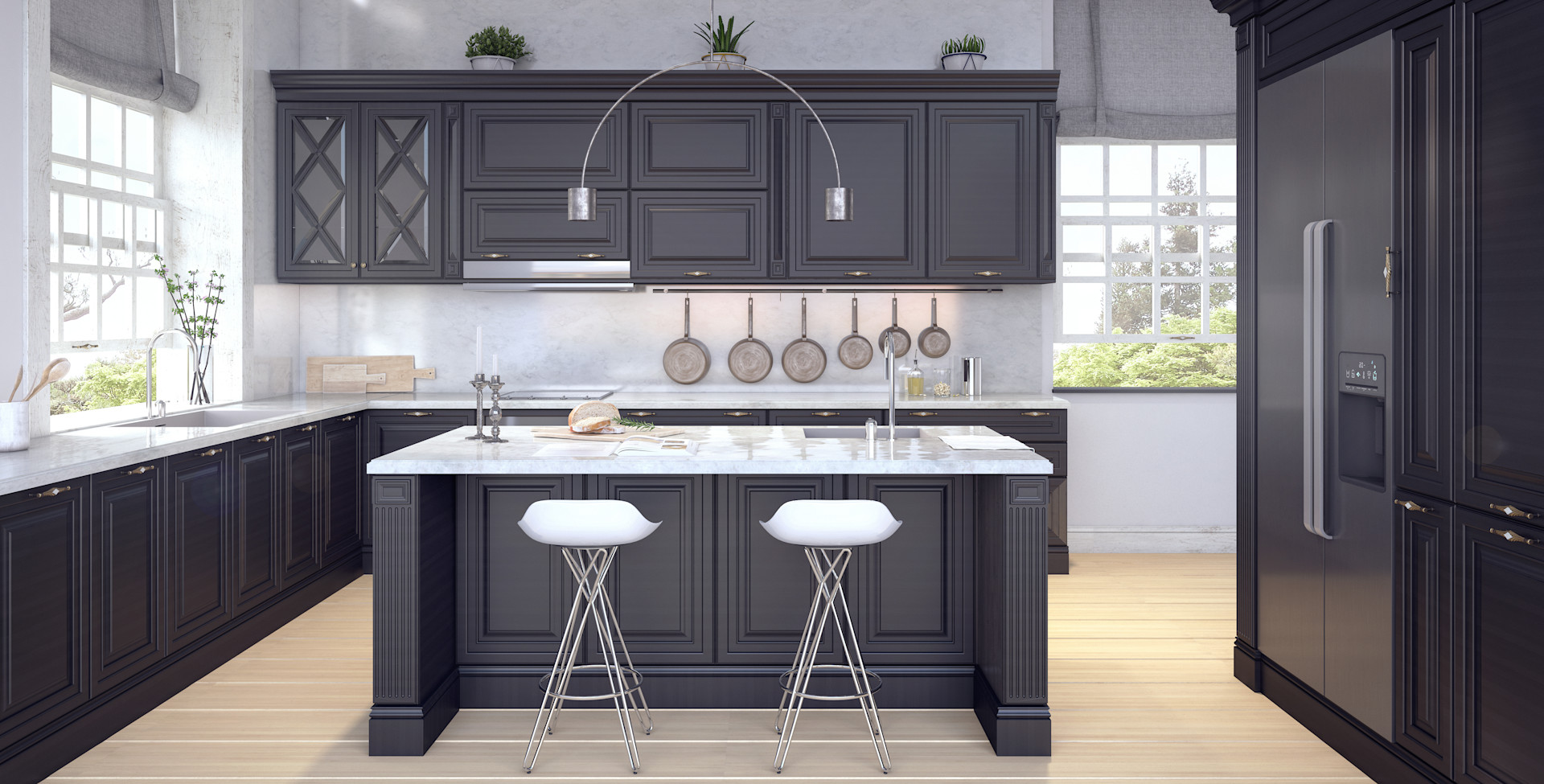 Large black and white kitchen