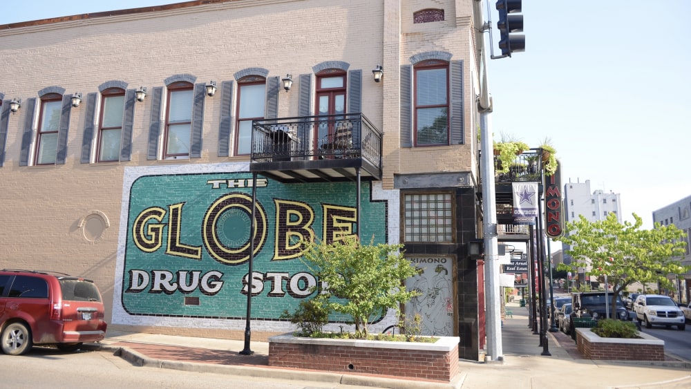 Globe Drug Store Mural on a building in Jonesboro