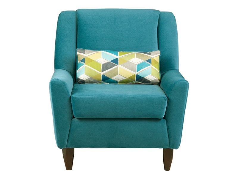 Teal velvet chair with vintage colorful pillow.