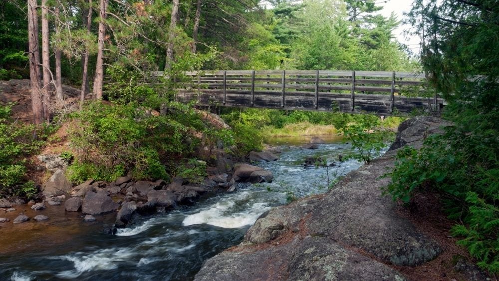 A bridge over a scenic river in Marinette, Wisconsin