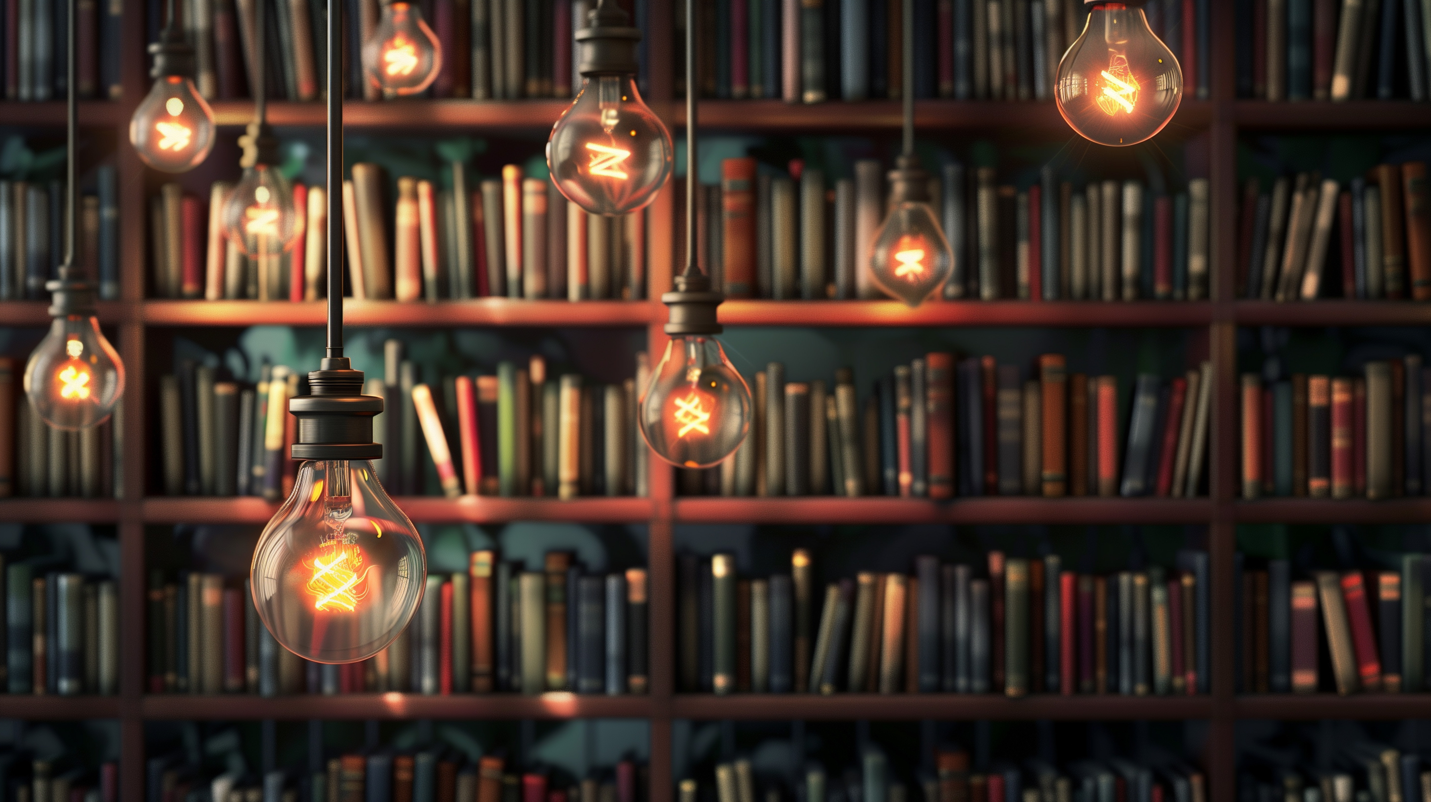 shelves filled with books with illuminated bulbs in the foreground