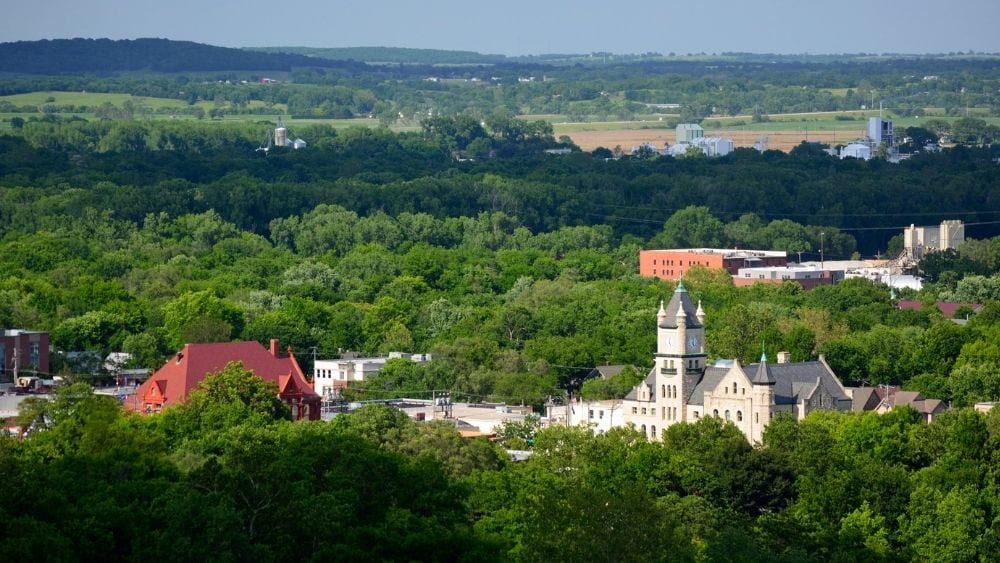 Aerial view of downtown Lawrence in Douglas County.