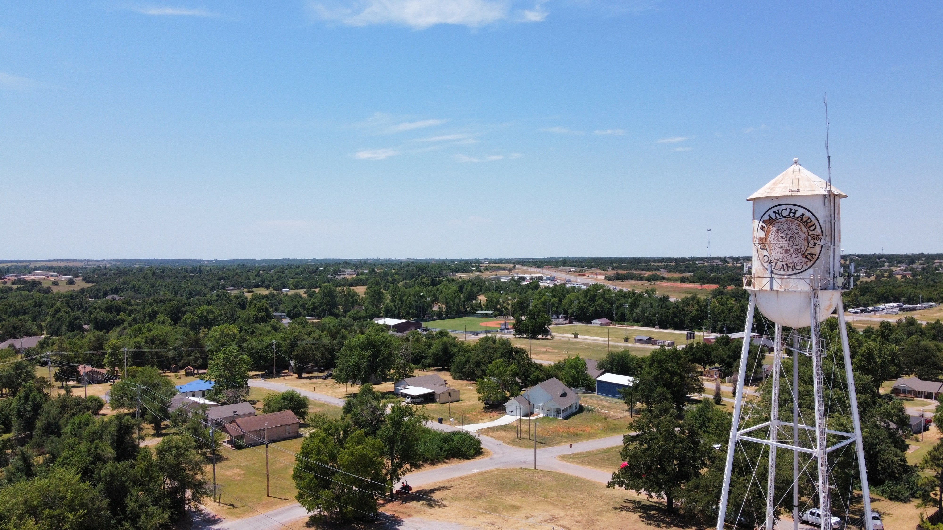water tower and aerial view of Blanchard, Oklahoma