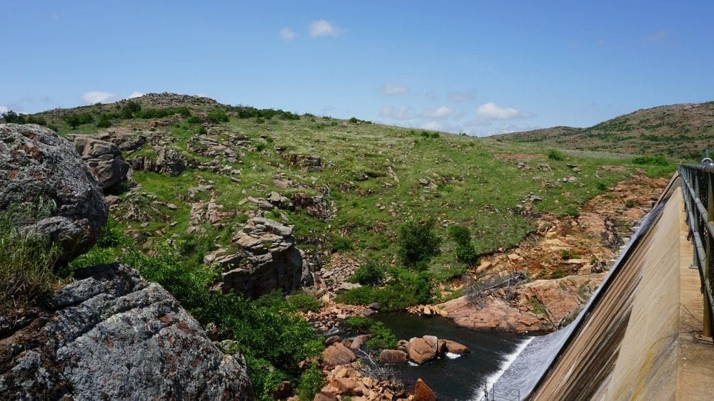 The dam at Lake Jed Johnson in the Wichita Mountains Wildlife Refuge in Lawton, Oklahoma.
