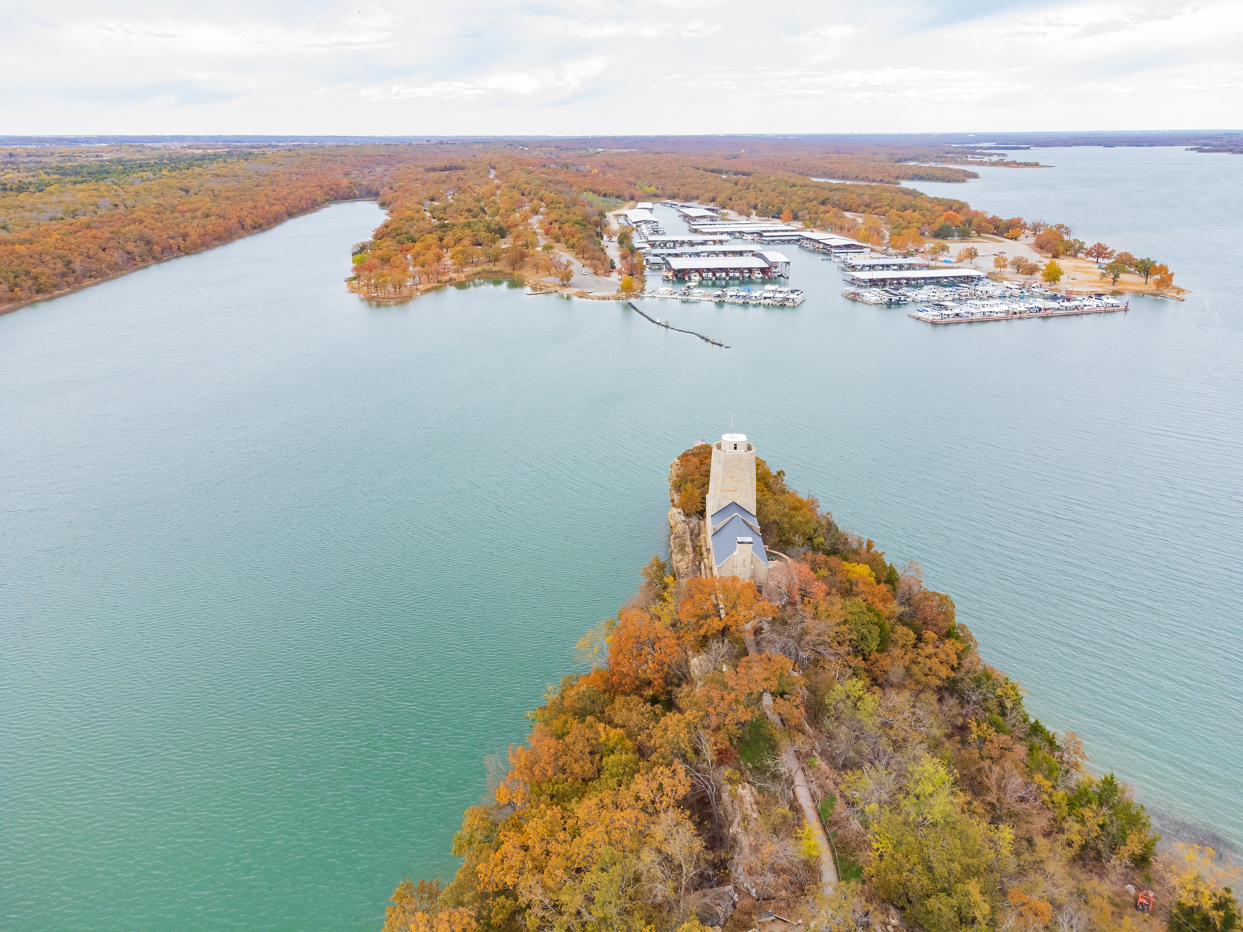 aerial view of Lake Murray State Park with fall foliage and marina