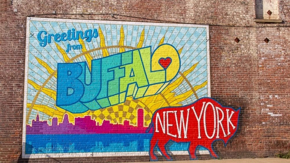 Colorful graffiti that reads “Greetings from Buffalo, New York.”